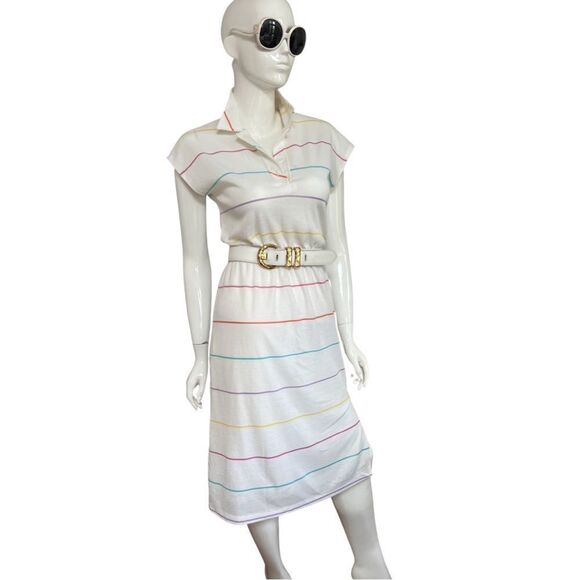 Vintage 1970s Handmade One of a Kind Rainbow Stripe Cinch Waist Polo Midi Dress - Picture 7 of 15
